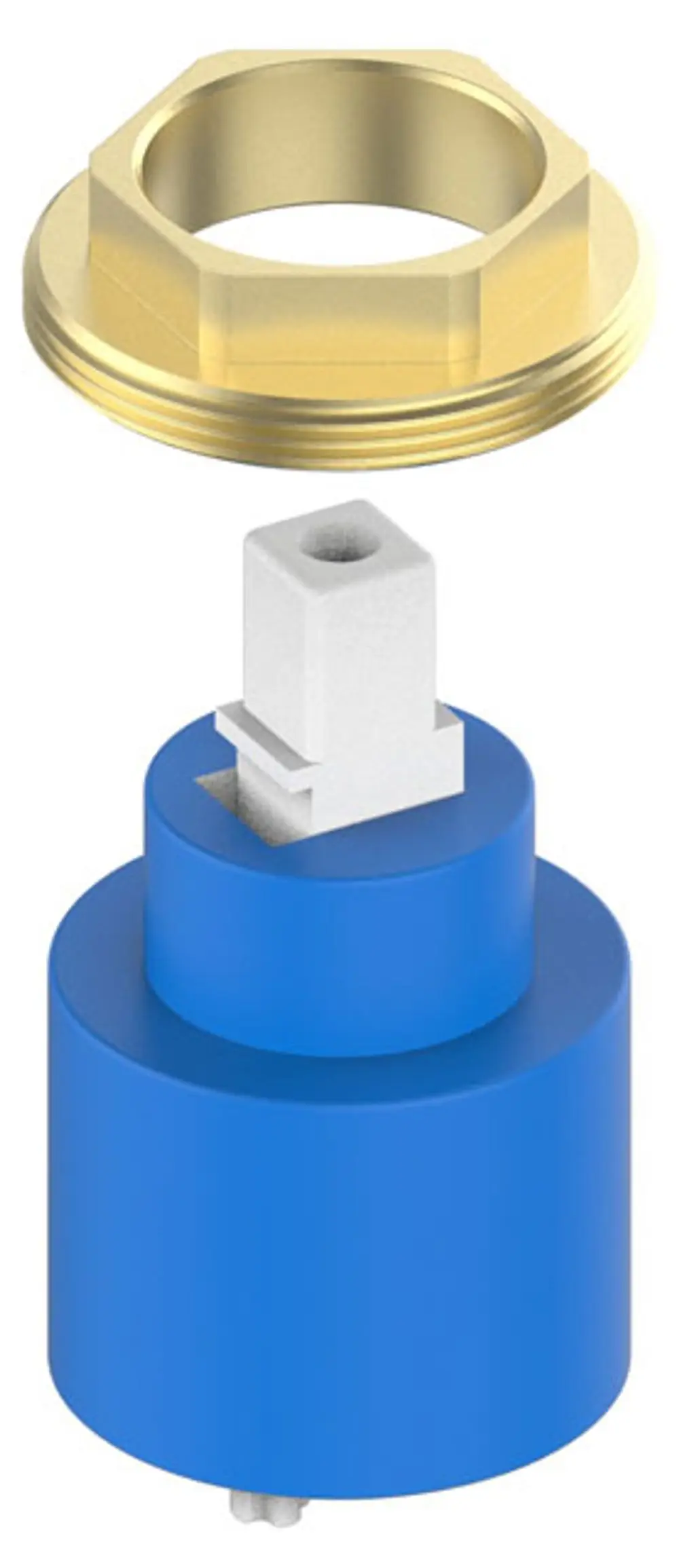Ersatzteil von Keuco, bestehend aus einem blauen Zylinder mit quadratischer Öffnung und einer goldenen Sechskantmutter. Geeignet für Anwendungen in Mischwassersystemen.